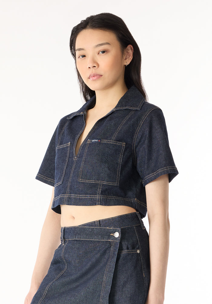 Buffalo Women Shirts Navy Woven Woven Short Sleeve Stretch Front Patch Pockets Contrast Stitching