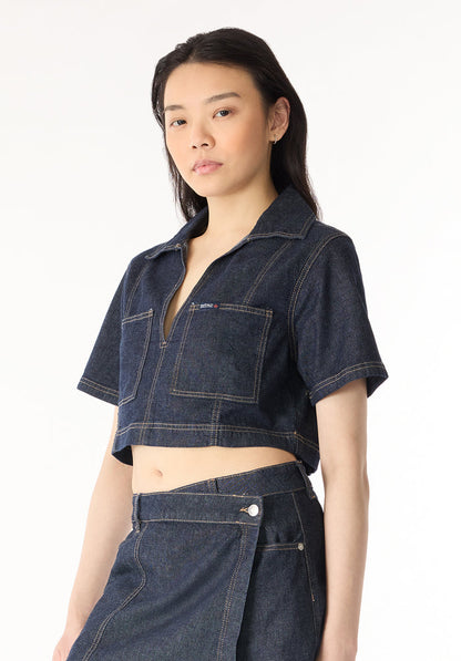 Buffalo Women Shirts Navy Woven Woven Short Sleeve Stretch Front Patch Pockets Contrast Stitching