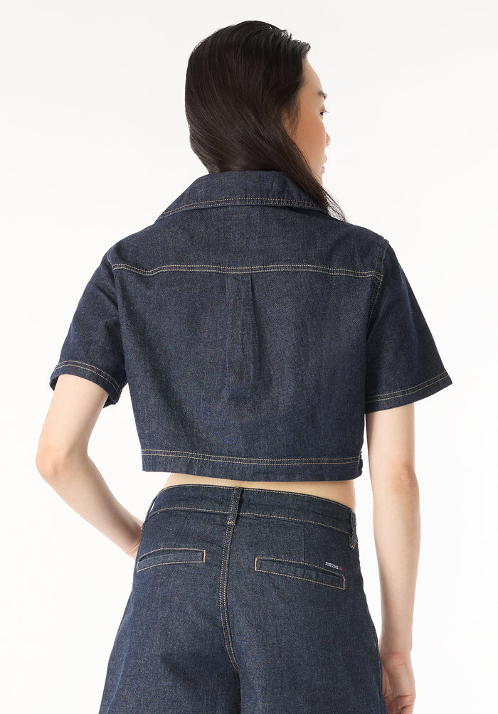 Buffalo Women Shirts Navy Woven Woven Short Sleeve Stretch Front Patch Pockets Contrast Stitching