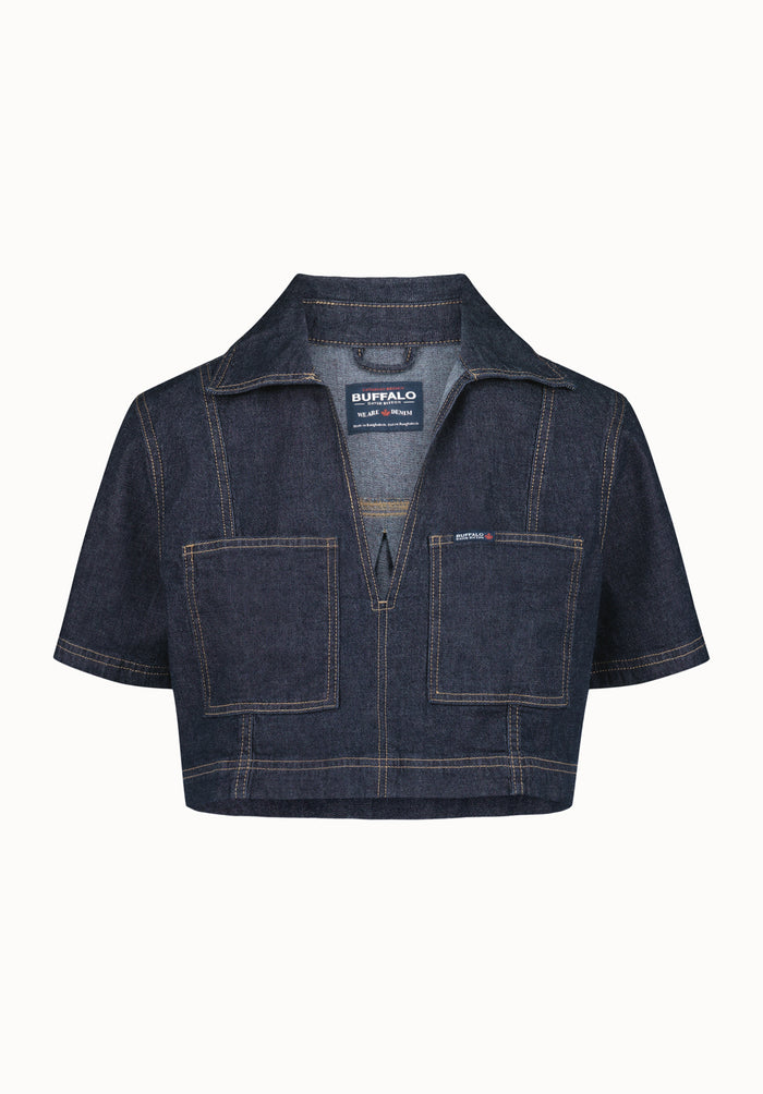 Buffalo Women Shirts Navy Woven Woven Short Sleeve Stretch Front Patch Pockets Contrast Stitching