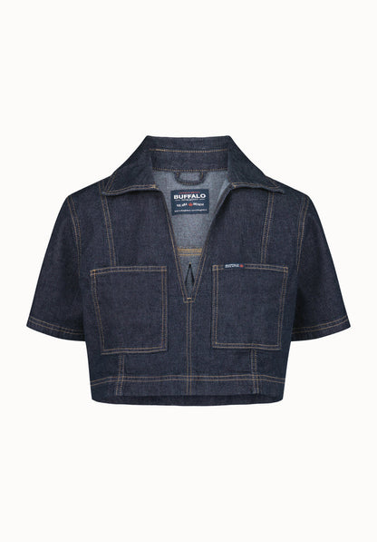 Buffalo Women Shirts Navy Woven Woven Short Sleeve Stretch Front Patch Pockets Contrast Stitching