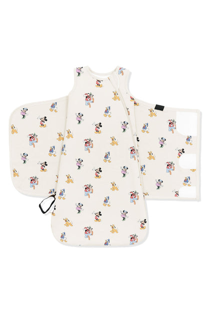 Front of Sleep Bag Swaddler in Mickey Mouse and Friends print on an oat background