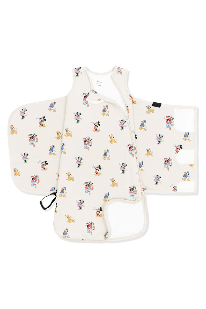 Zipper of Sleep Bag Swaddler in Mickey Mouse and Friends print on an oat background
