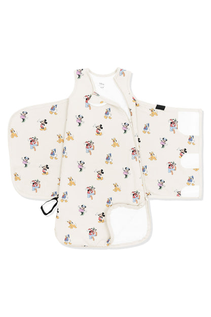 Zipper of Sleep Bag Swaddler in Mickey Mouse and Friends print on an oat background