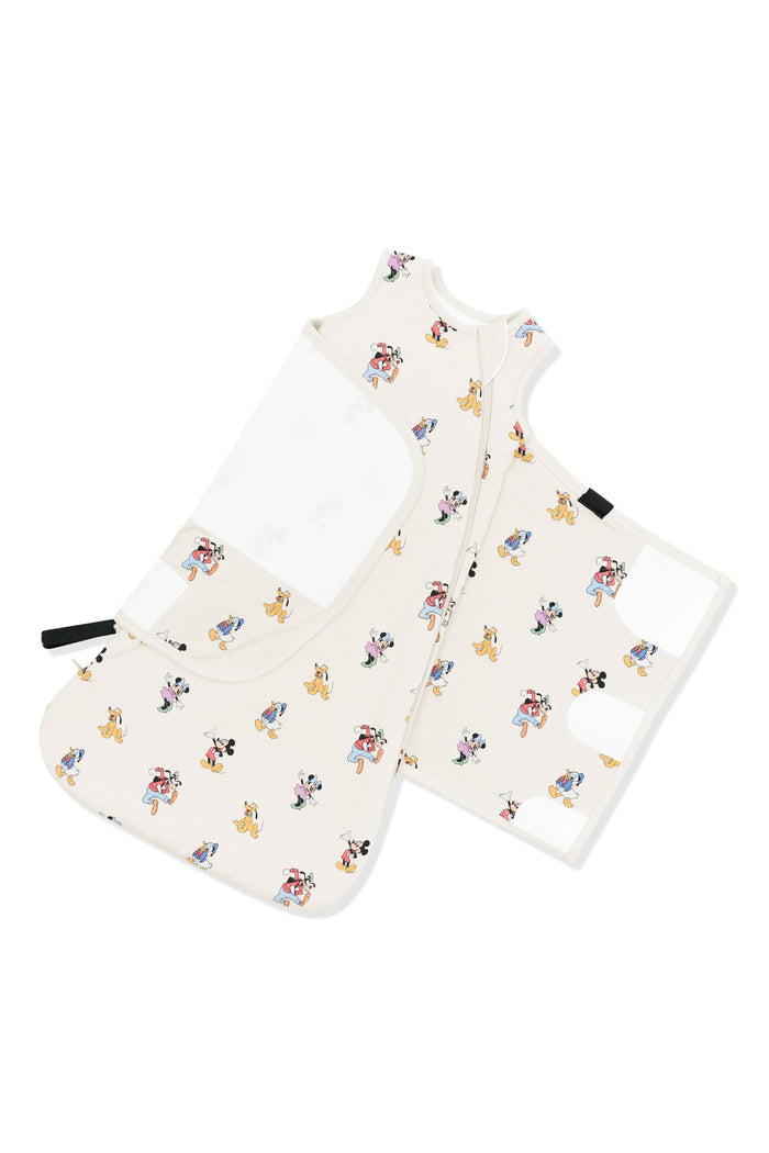 Adjustable swaddle wrap shown on an unswaddled Sleep Bag Swaddler in Mickey Mouse and Friends 1.0