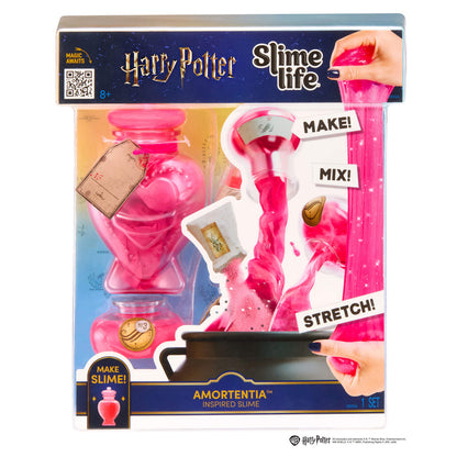 Harry Potter Slime Life product packaging with pink slime and 'Make! Mix! Stretch!' text.