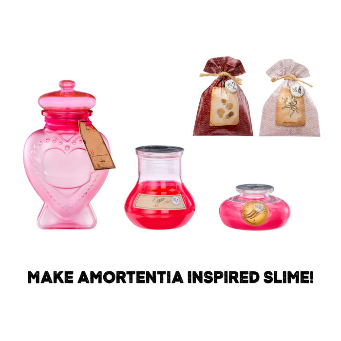 Set of colorful slime containers with decorative bags on a white background