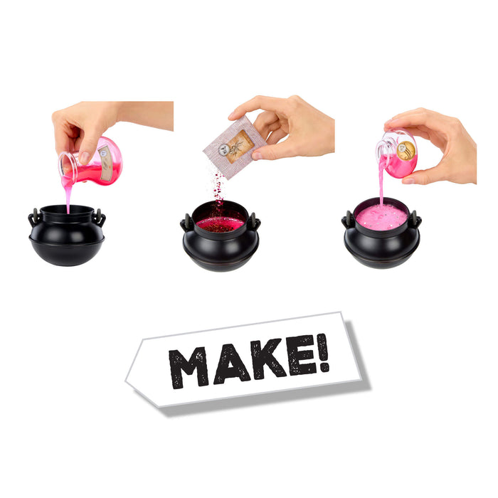 Step-by-step process of making a pink slime with black containers and a 'MAKE!' sign.