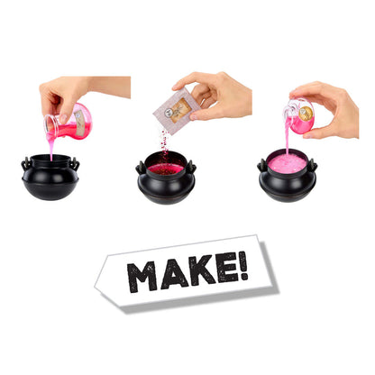 Step-by-step process of making a pink slime with black containers and a 'MAKE!' sign.