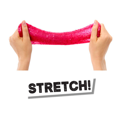 Pink slime being stretched with hands on a white background and 'STRETCH!' text below.