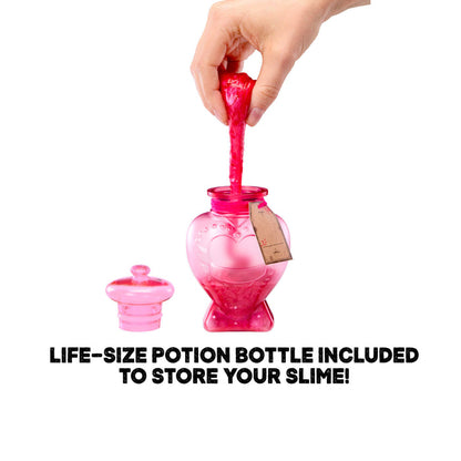 Pink slime container with a smaller companion item and a hand holding it on a white background.