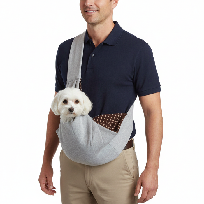Man in Business Casual with Pet Sling - Three-Quarter View