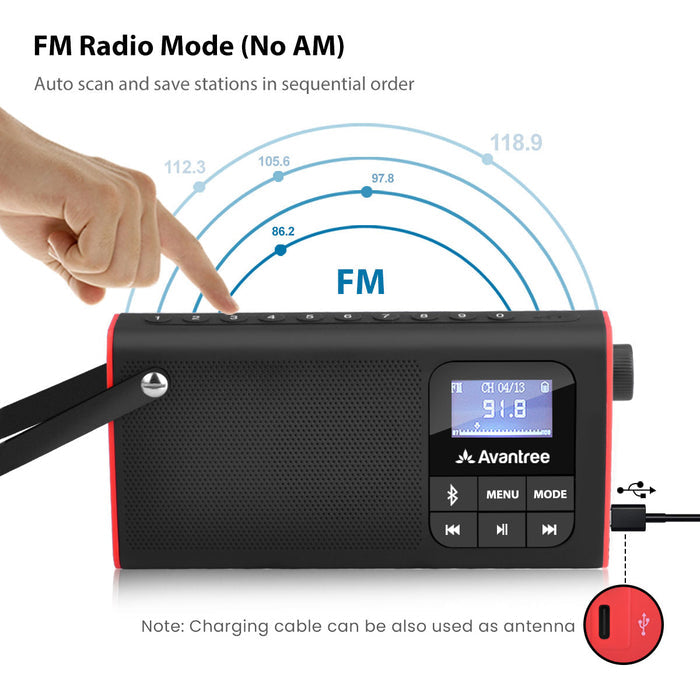 SP850 Portable Radio with Bluetooth Speaker, numeric tuning, auto-scan, and charging cable used as an FM antenna.