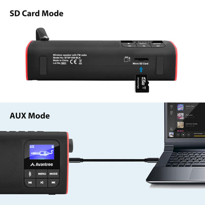 SP850 Portable Radio with Bluetooth Speaker, supports SD card, AUX mode, and 3.5mm devices with phones and laptops.