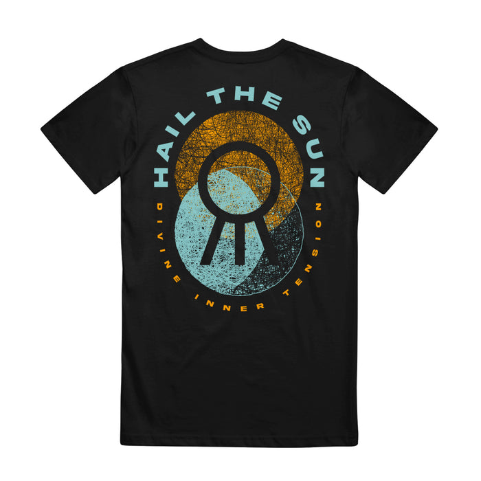 The Hail The Sun Comfort Colors Moon T-Shirt in black showcases a circular orange and blue abstract design on the back, with “Hail The Sun” above and “Divine Inner Tension” below the circle.