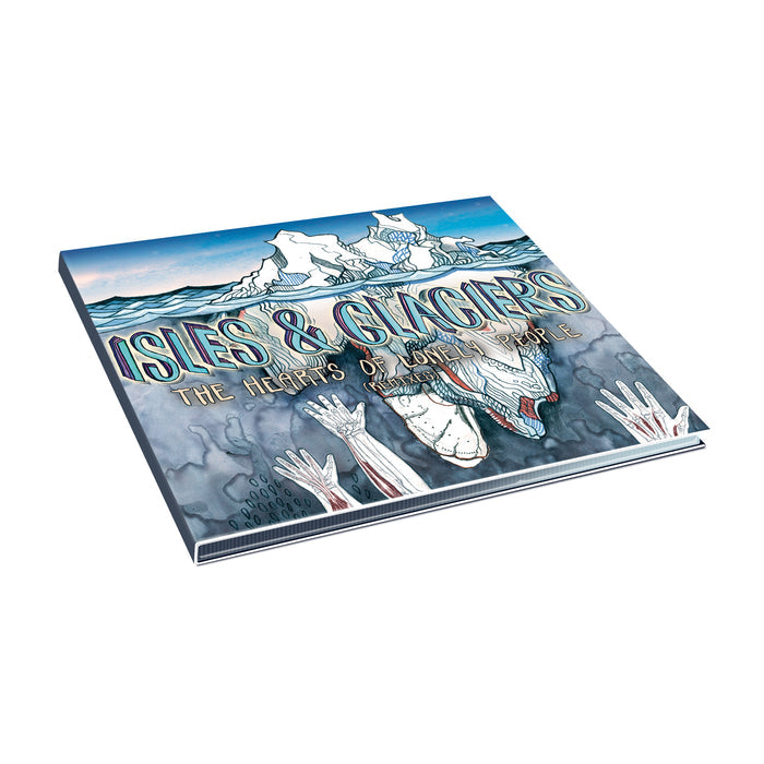 An illustrated album cover for Isles & Glaciers, showing icebergs, water, hands reaching for a floating figure in a suit, with bold stylized text at the top.