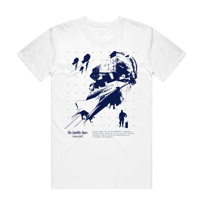White t-shirt with picture of large satellite in center of shirt and silhouettes and smaller satellites printed in top left and bottom right corners. Bottom of shirt has "THE SATELLITE YEARS, HOPESFALL" printed on left side and track list on right side. All printed in dark blue color.