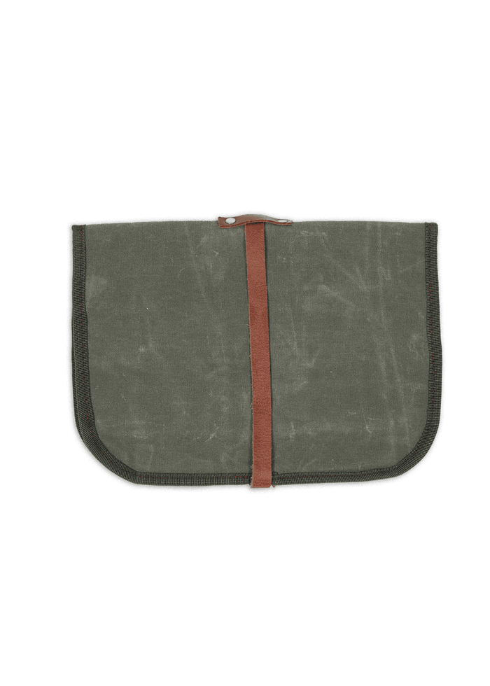 Green canvas pouch with brown leather strap, closed and laid flat, showcasing its simple, rugged design against a white background.