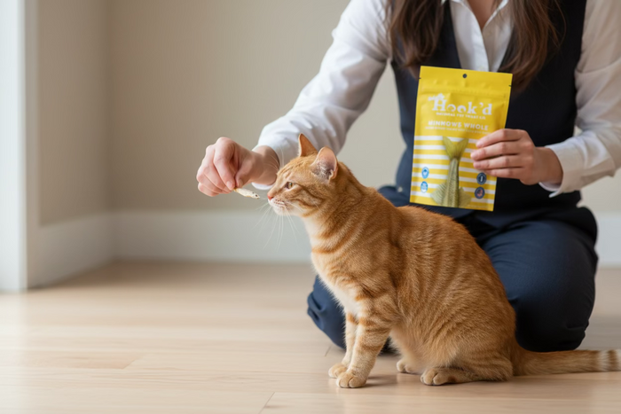 freeze dried minnow treat being fed to a cat