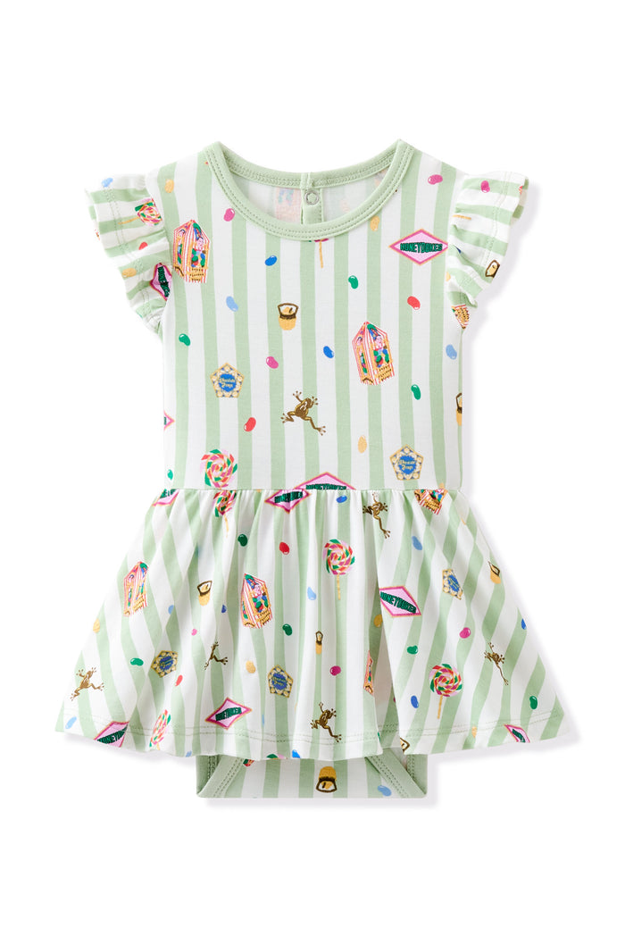 Green and white striped twirl bodysuit dress with colorful Harry Potter pattern print on a white background