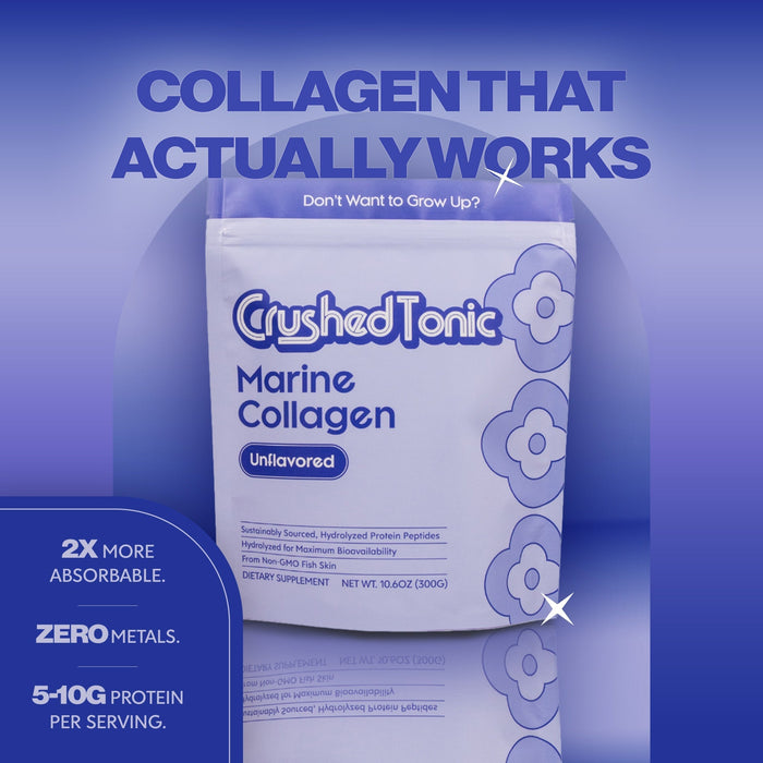 Package of Crushed Tonic Marine Collagen on a blue background with promotional text.