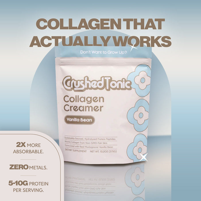 Collagen creamer package with branding and product details on a light blue background