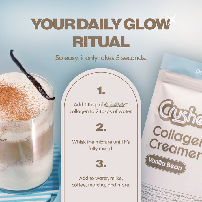 Collagen creamer package with a vanilla bean latte and instructions on a light blue background.
