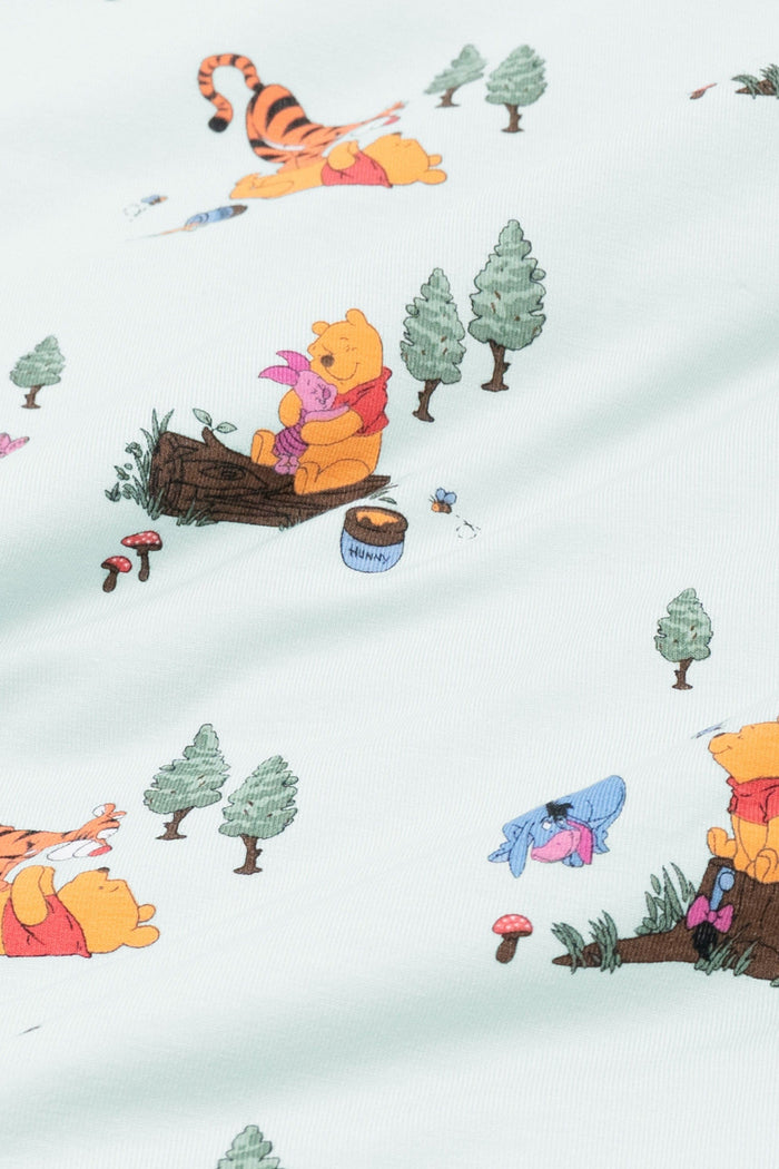 Close up of fabric swatch of the Winnie the Pooh Hundred Acre Wood showing the book characters on a light green background