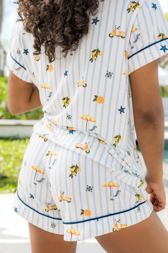 The back of the shorts on the Women's Short Sleeve Pajama Set in Amalfi Coast shown on a female