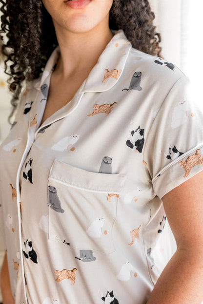 Close up of the chest pocket on the shirt of the Women's Short Sleeve Pajama Set in Fluffy Cat
