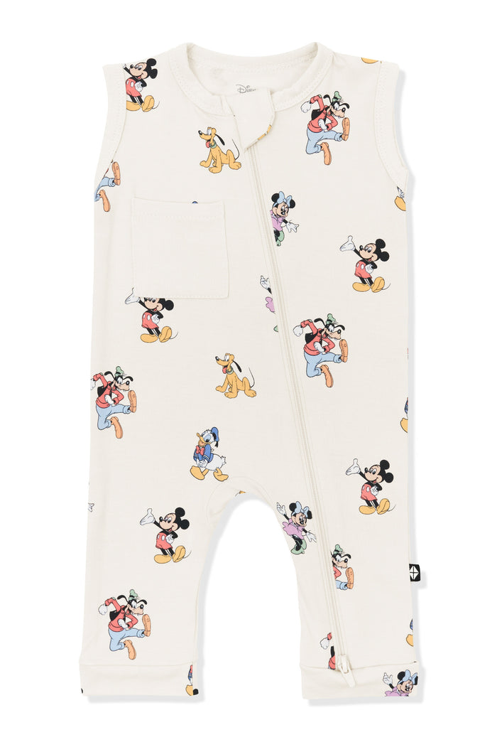 Zippered Sleeveless Romper with Mickey Mouse and Friends print on an oat background