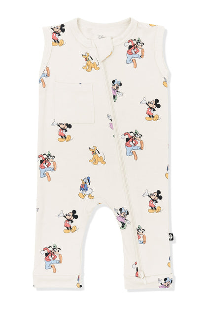 Zippered Sleeveless Romper with Mickey Mouse and Friends print on an oat background